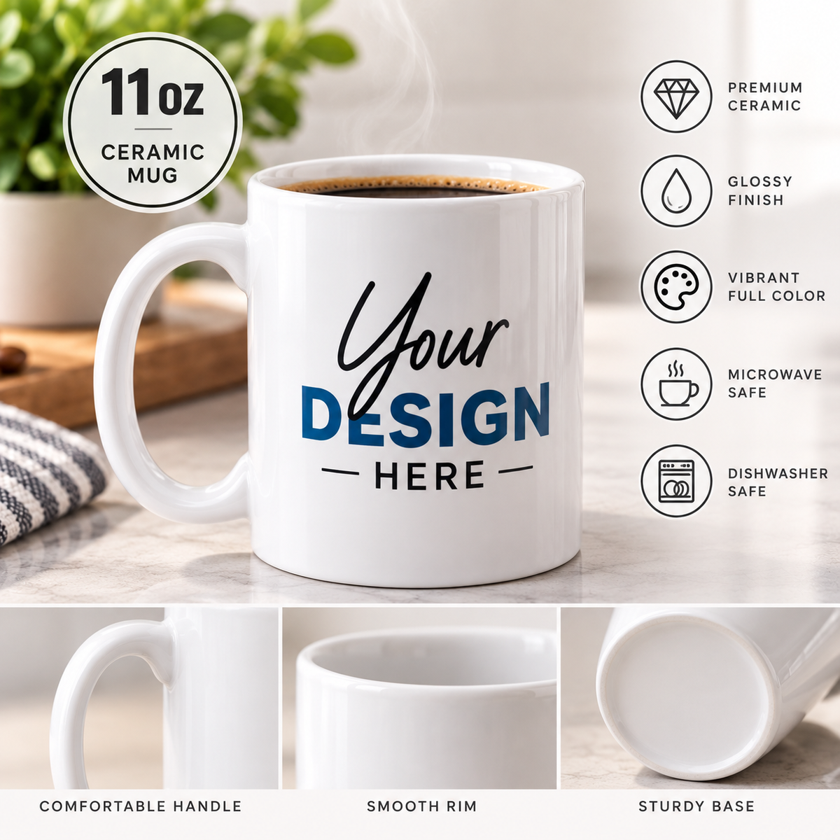 Personalized 11 oz Ceramic Coffee Mug – Custom Photo, Logo or Text
