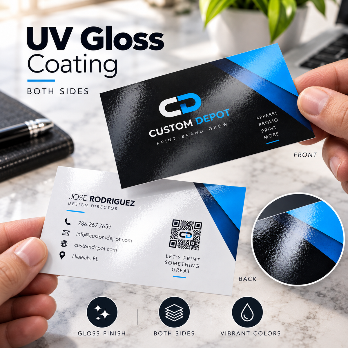 Custom Business Cards – 14pt Premium Cardstock | Full Color, Double-Sided UV Gloss Printing