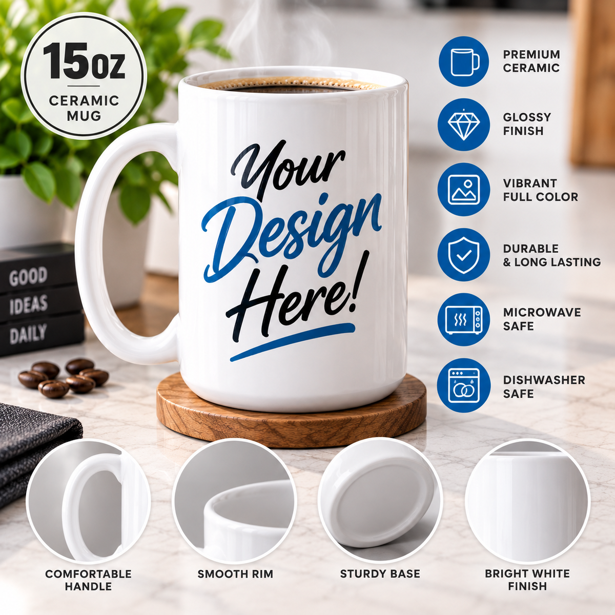 Personalized 15 oz Ceramic Coffee Mug – Custom Photo, Logo or Text