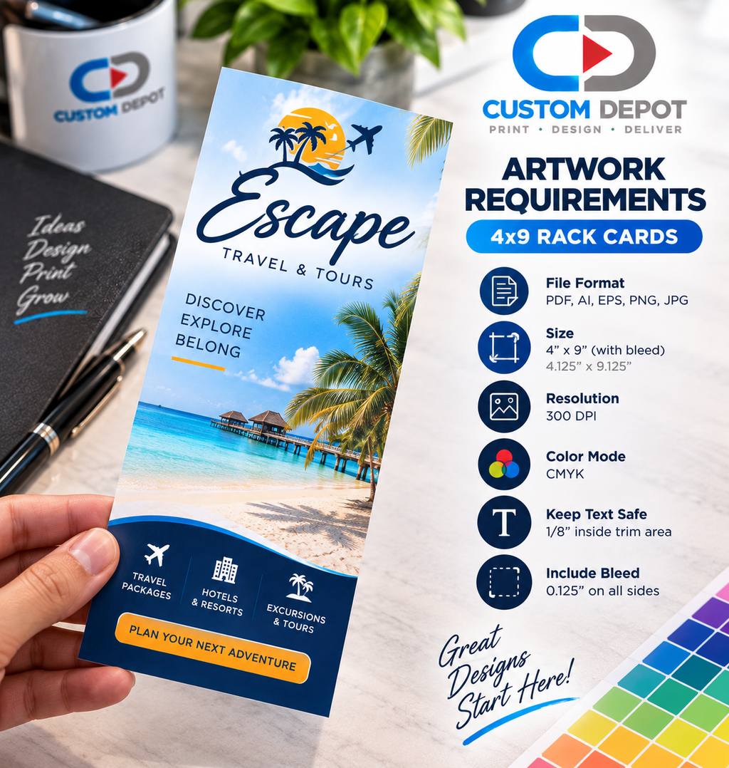 Custom 4" × 9" Rack Card Printing – Full Color Business Marketing Cards | Premium 14pt Cardstock