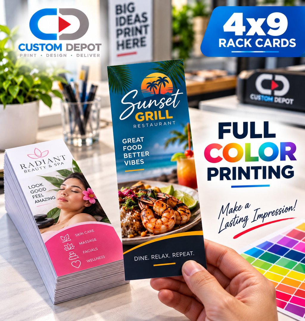 Custom 4" × 9" Rack Card Printing – Full Color Business Marketing Cards | Premium 14pt Cardstock