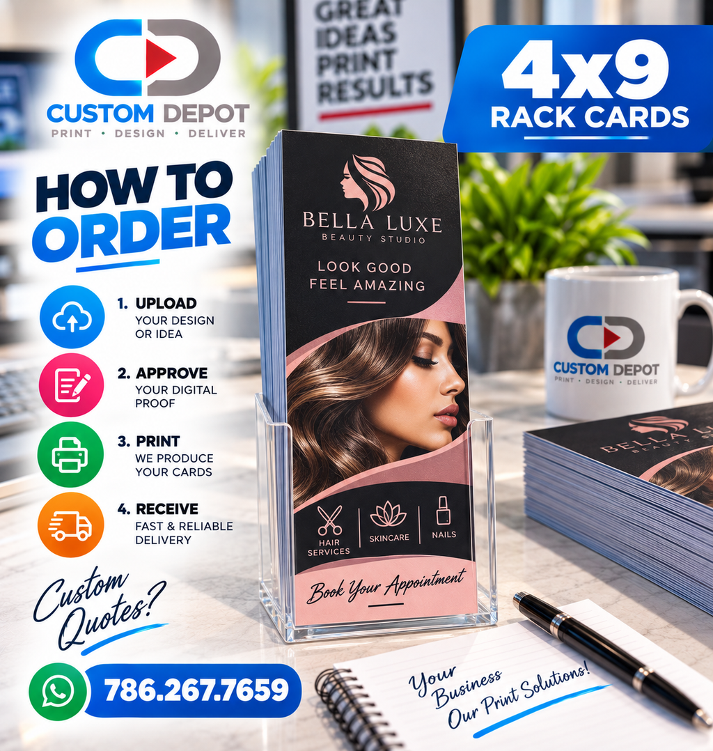 Custom 4" × 9" Rack Card Printing – Full Color Business Marketing Cards | Premium 14pt Cardstock