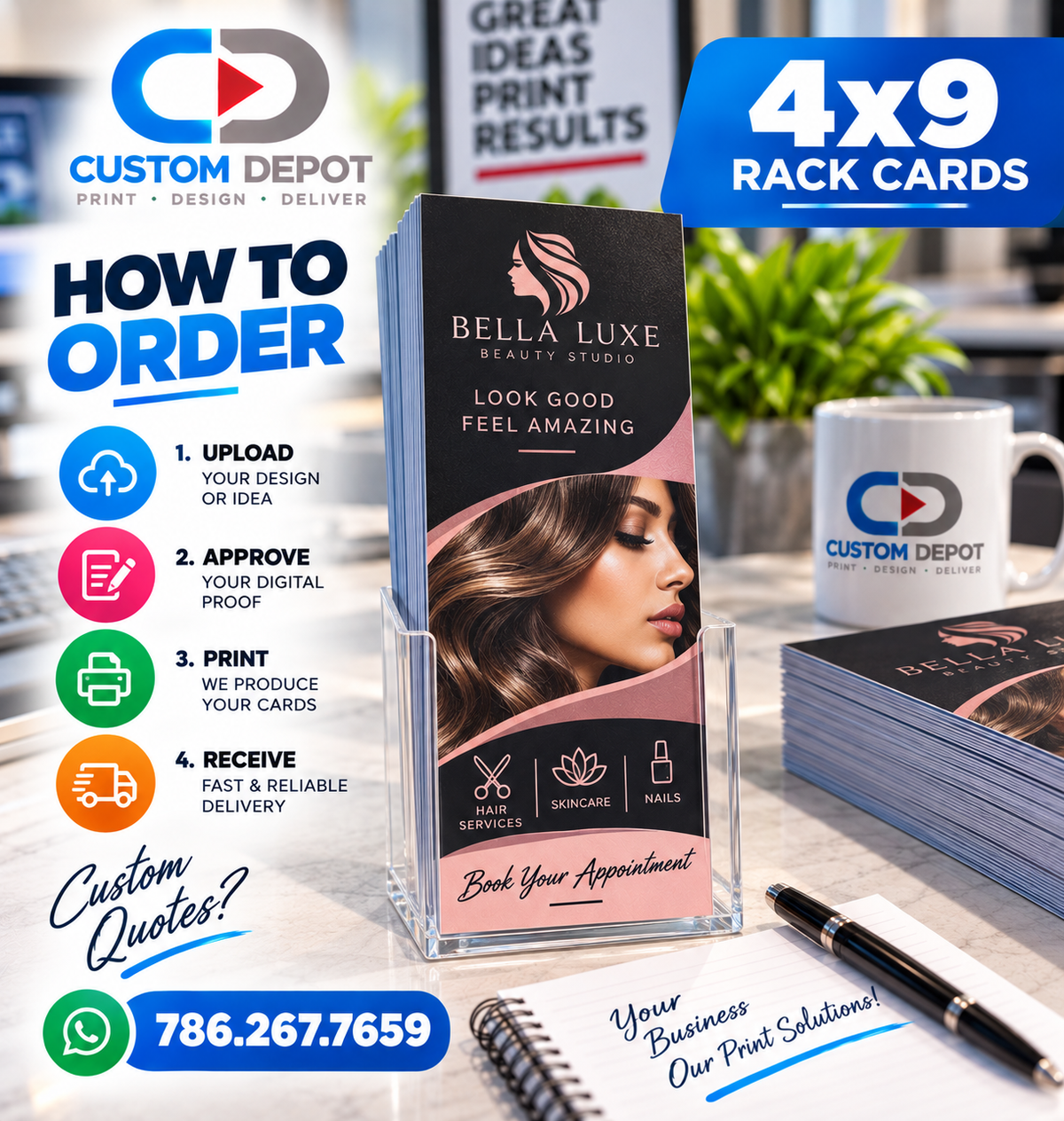 Custom 4" × 9" Rack Card Printing – Full Color Business Marketing Cards | Premium 14pt Cardstock