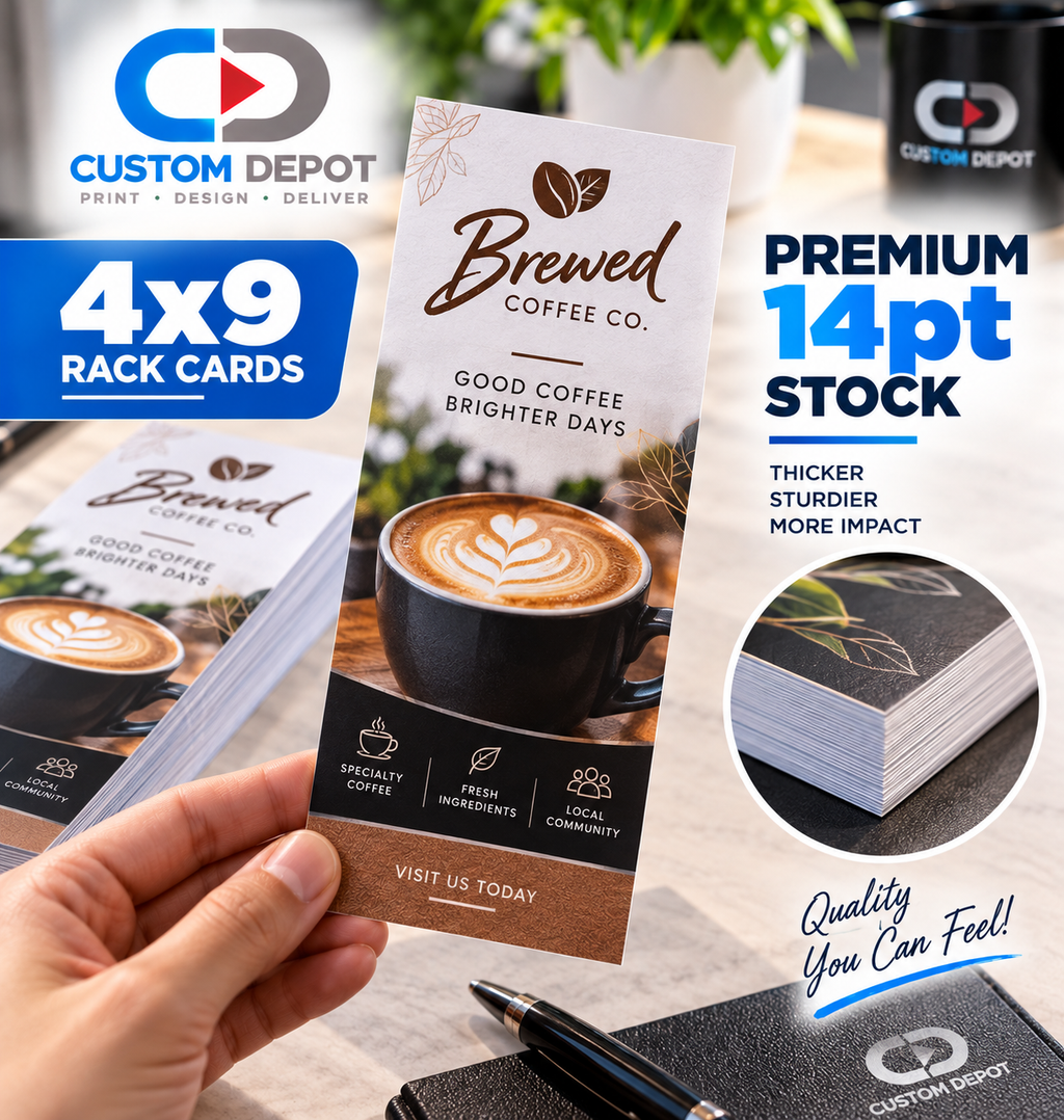 Custom 4" × 9" Rack Card Printing – Full Color Business Marketing Cards | Premium 14pt Cardstock