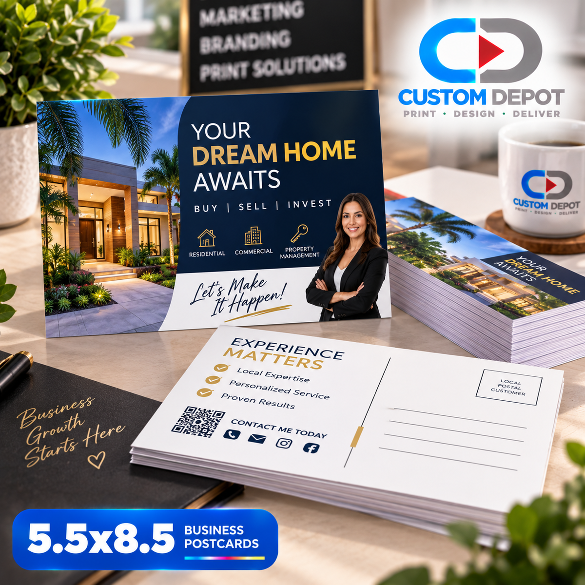 Custom 5.5" × 8.5" Business Postcards – Full Color Marketing & Promotional Printing | Premium 14pt Coated Cardstock