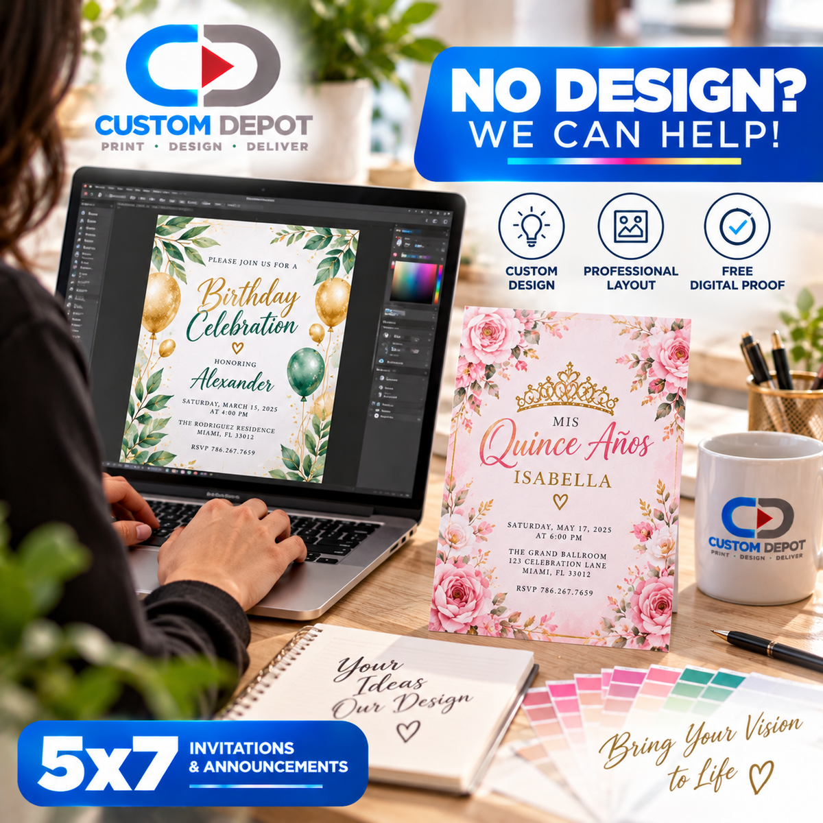Custom 5x7 Invitations & Announcements – Full Color Personalized Birthday, Wedding, Quinceañera & Event Cards | 14pt Cardstock