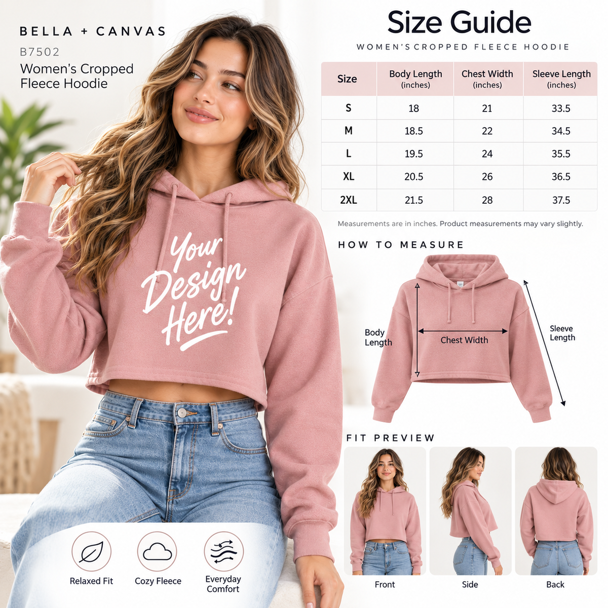 Bella + Canvas  Women's Cropped Fleece Hoodie (B7502)