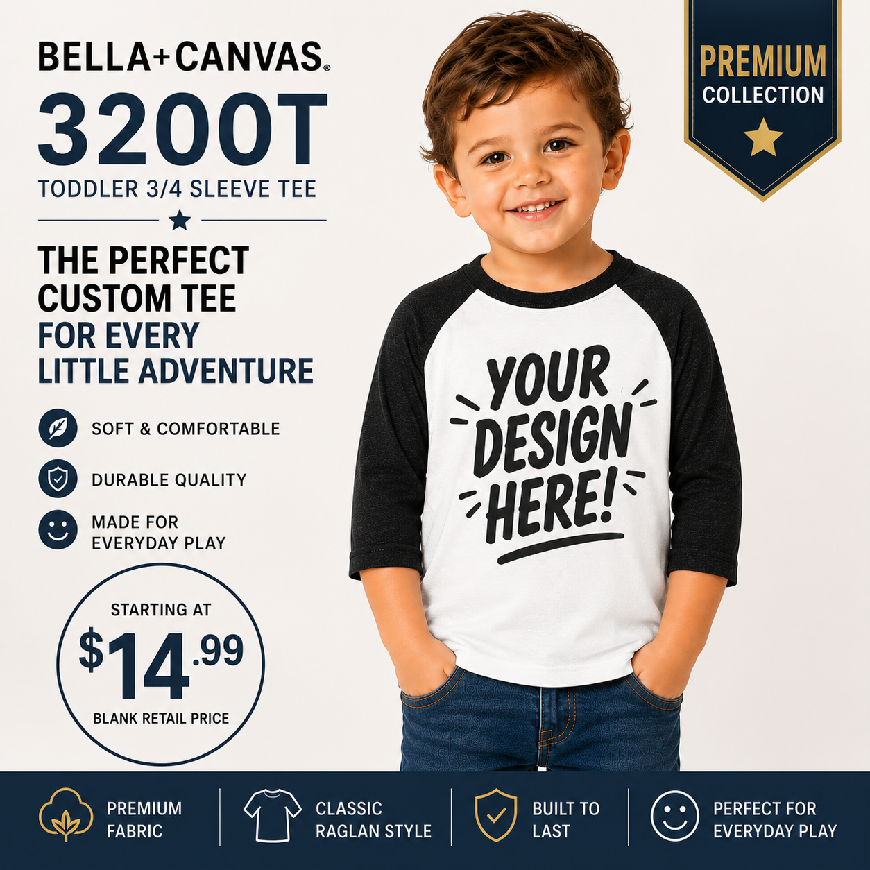 Bella + Canvas Toddler 3/4 Sleeve Baseball Tee (3200T)