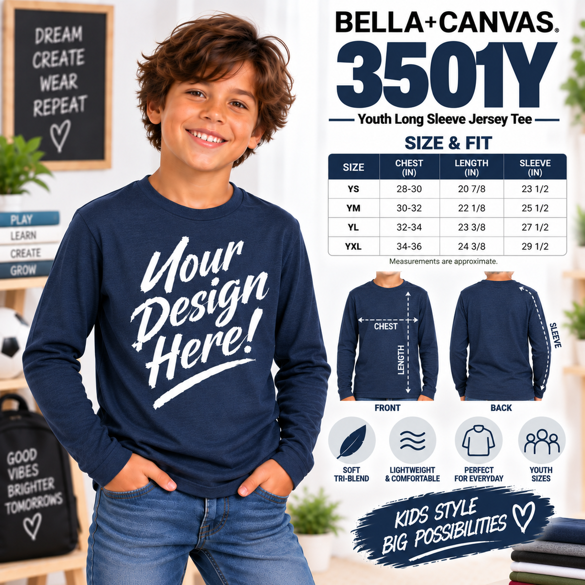 Bella + Canvas Youth Long Sleeve Jersey Tee  (3501Y)