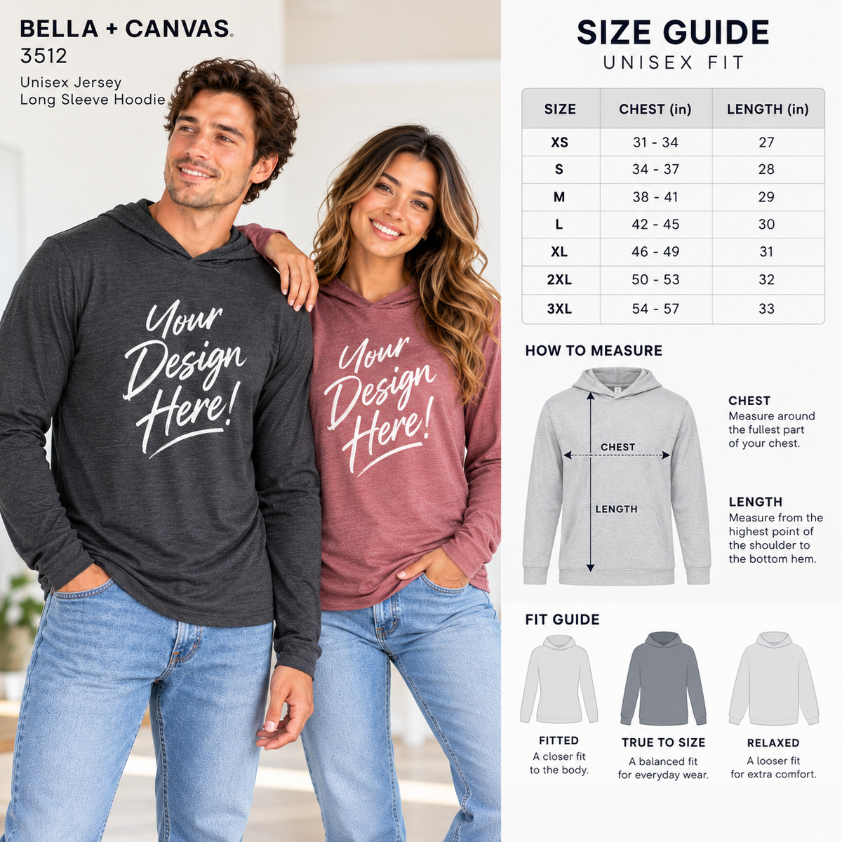 Bella + Canvas 3512 Unisex Jersey Long Sleeve Hoodie (3512)