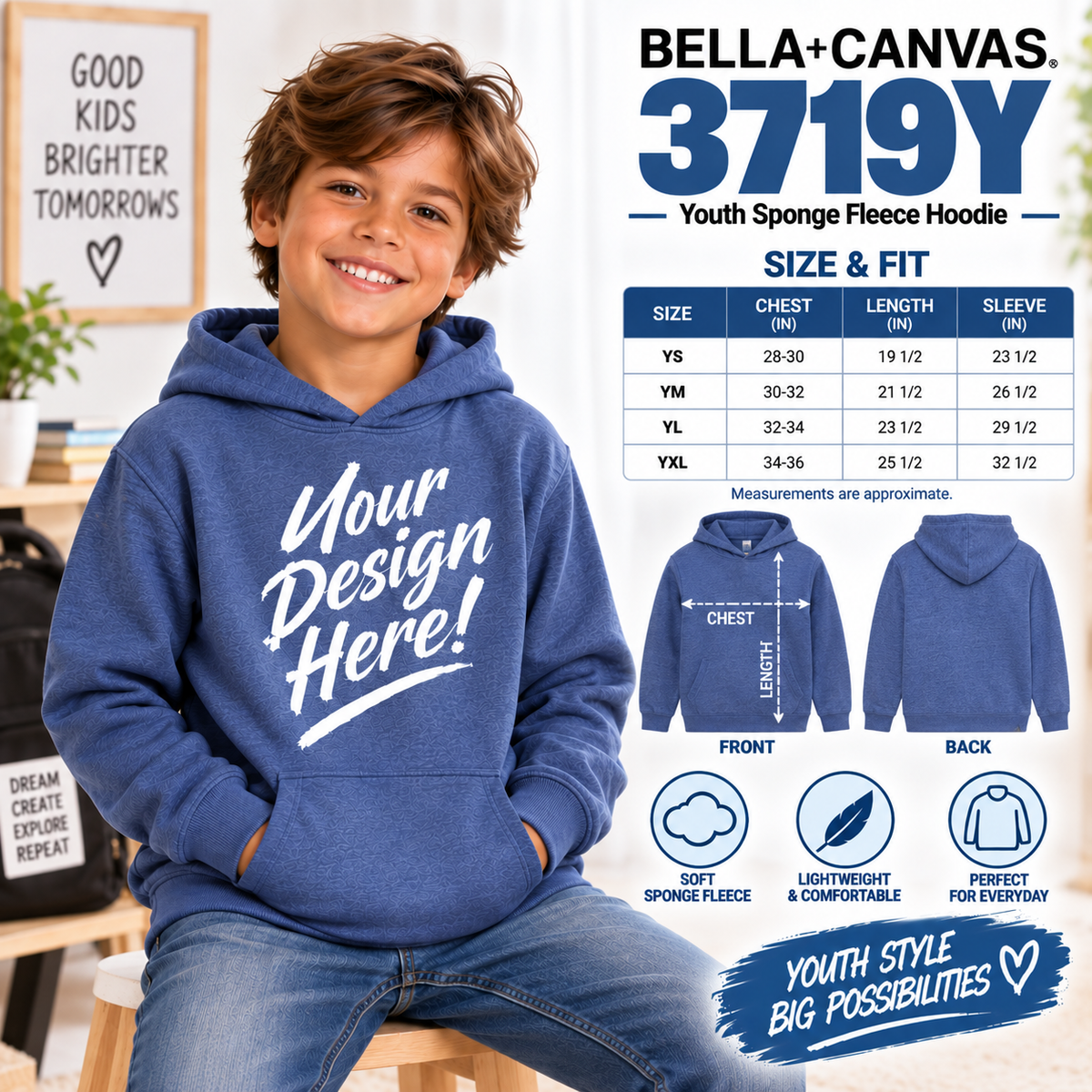 Bella + Canvas Youth Sponge Fleece Hoodie (3719Y)