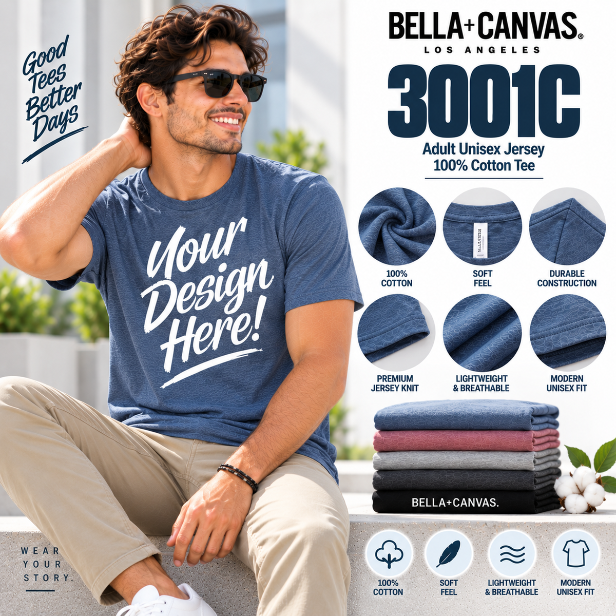 Bella + Canvas Adult Unisex Jersey 100%  Cotton (3001C)