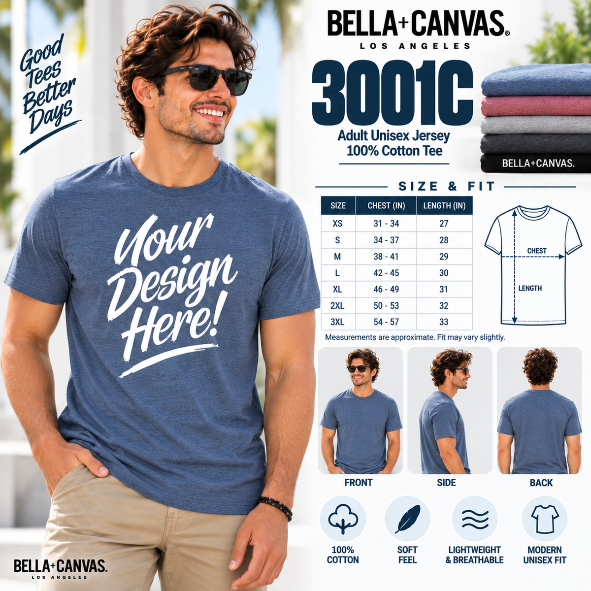 Bella + Canvas Adult Unisex Jersey 100%  Cotton (3001C)