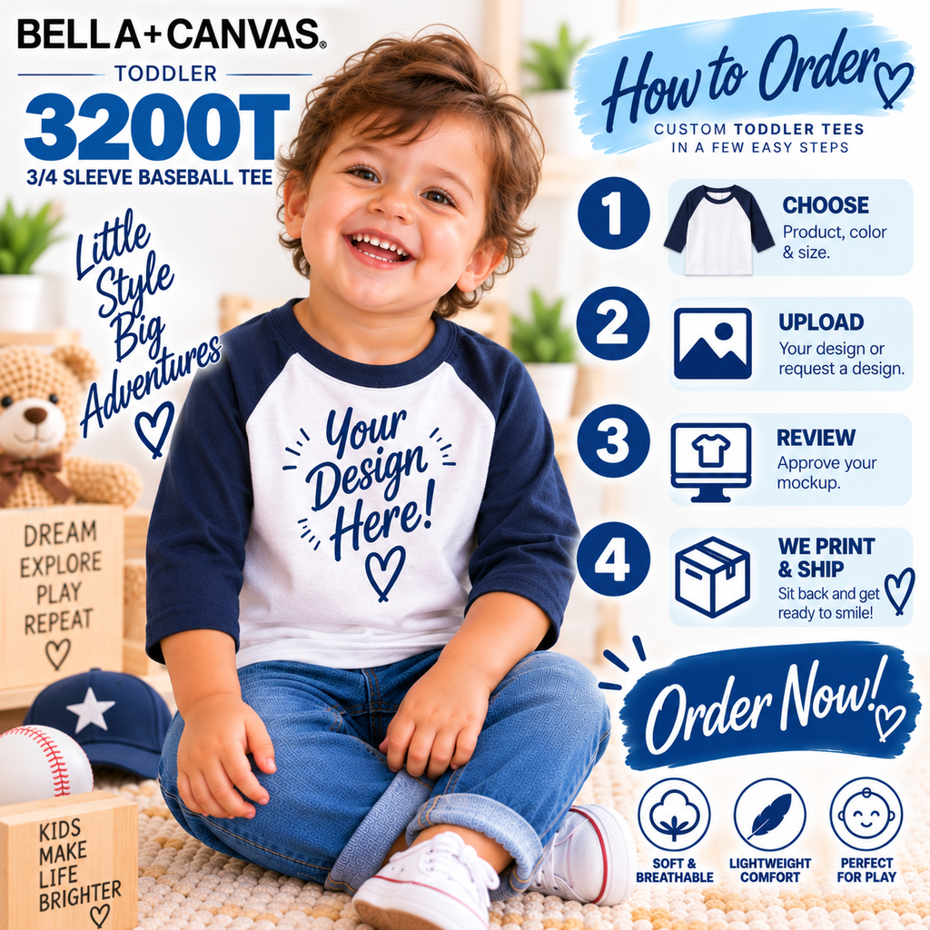 Bella + Canvas Toddler 3/4 Sleeve Baseball Tee (3200T)