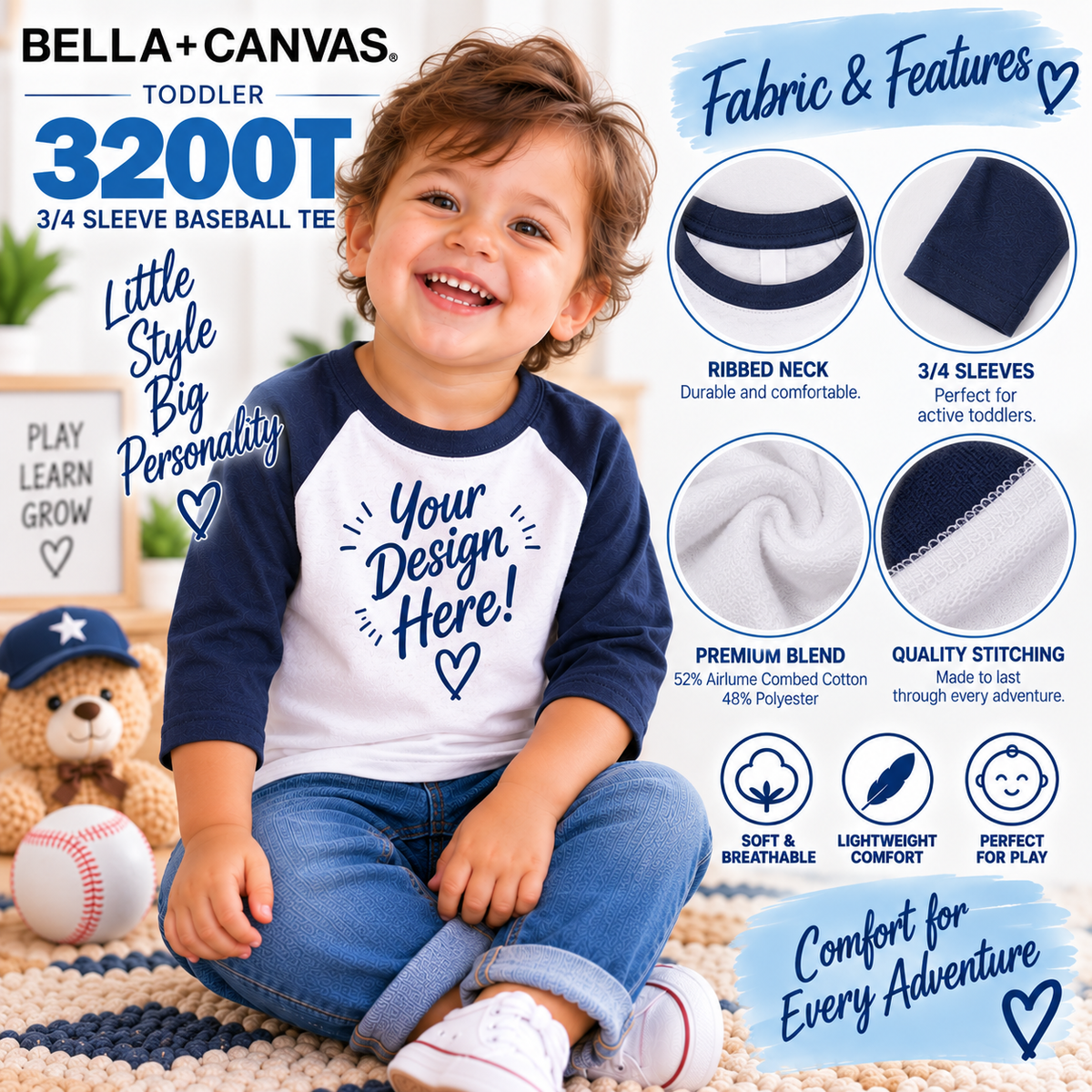 Bella + Canvas Toddler 3/4 Sleeve Baseball Tee (3200T)
