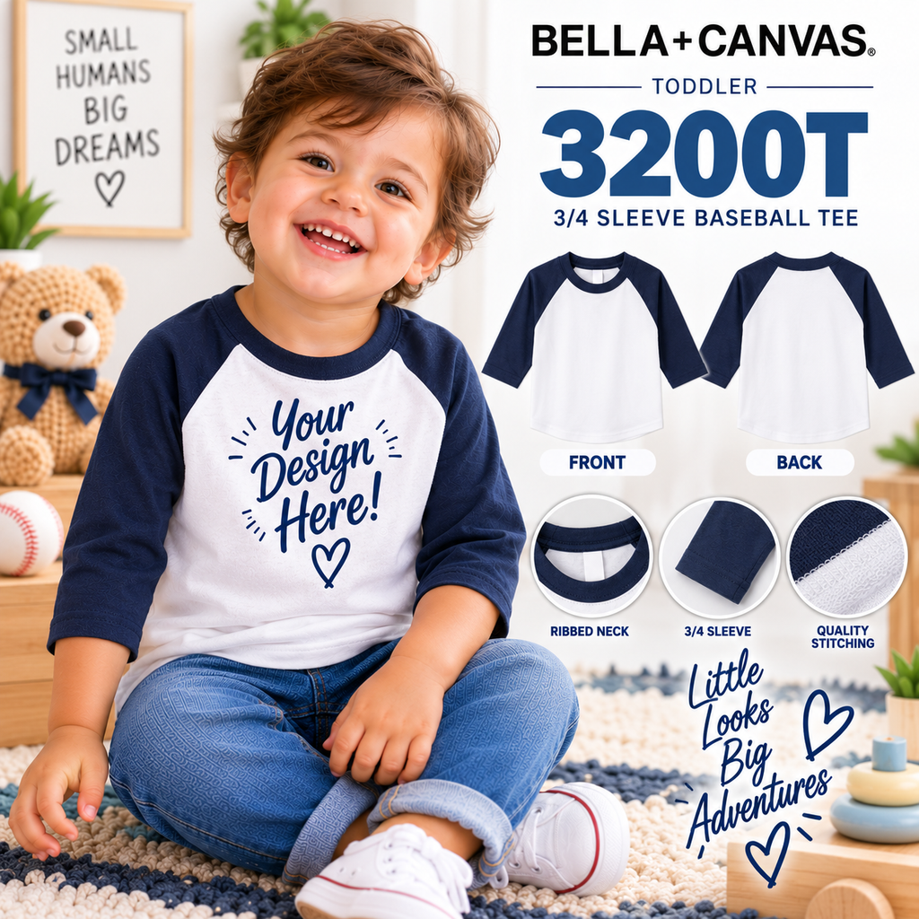 Bella + Canvas Toddler 3/4 Sleeve Baseball Tee (3200T)