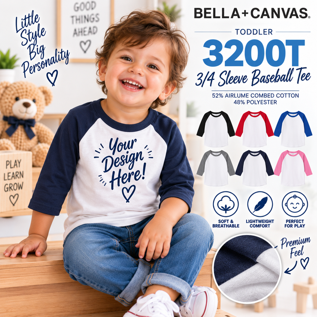 Bella + Canvas Toddler 3/4 Sleeve Baseball Tee (3200T)
