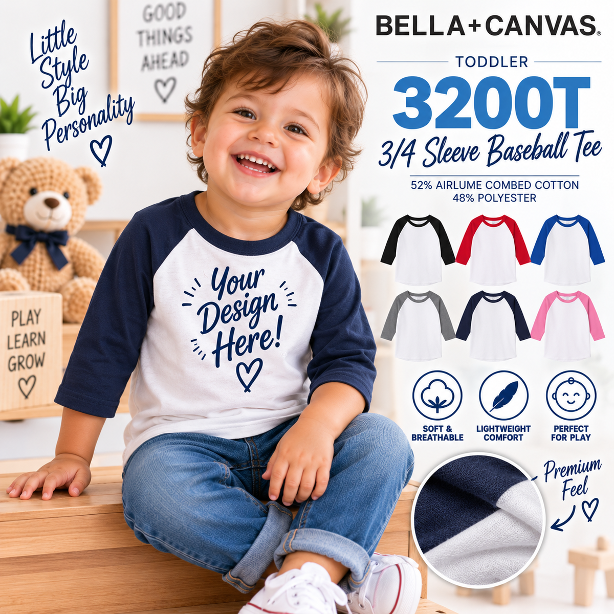 Bella + Canvas Toddler 3/4 Sleeve Baseball Tee (3200T)