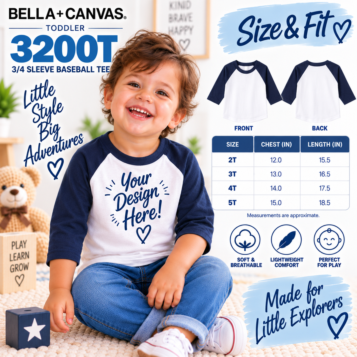 Bella + Canvas Toddler 3/4 Sleeve Baseball Tee (3200T)