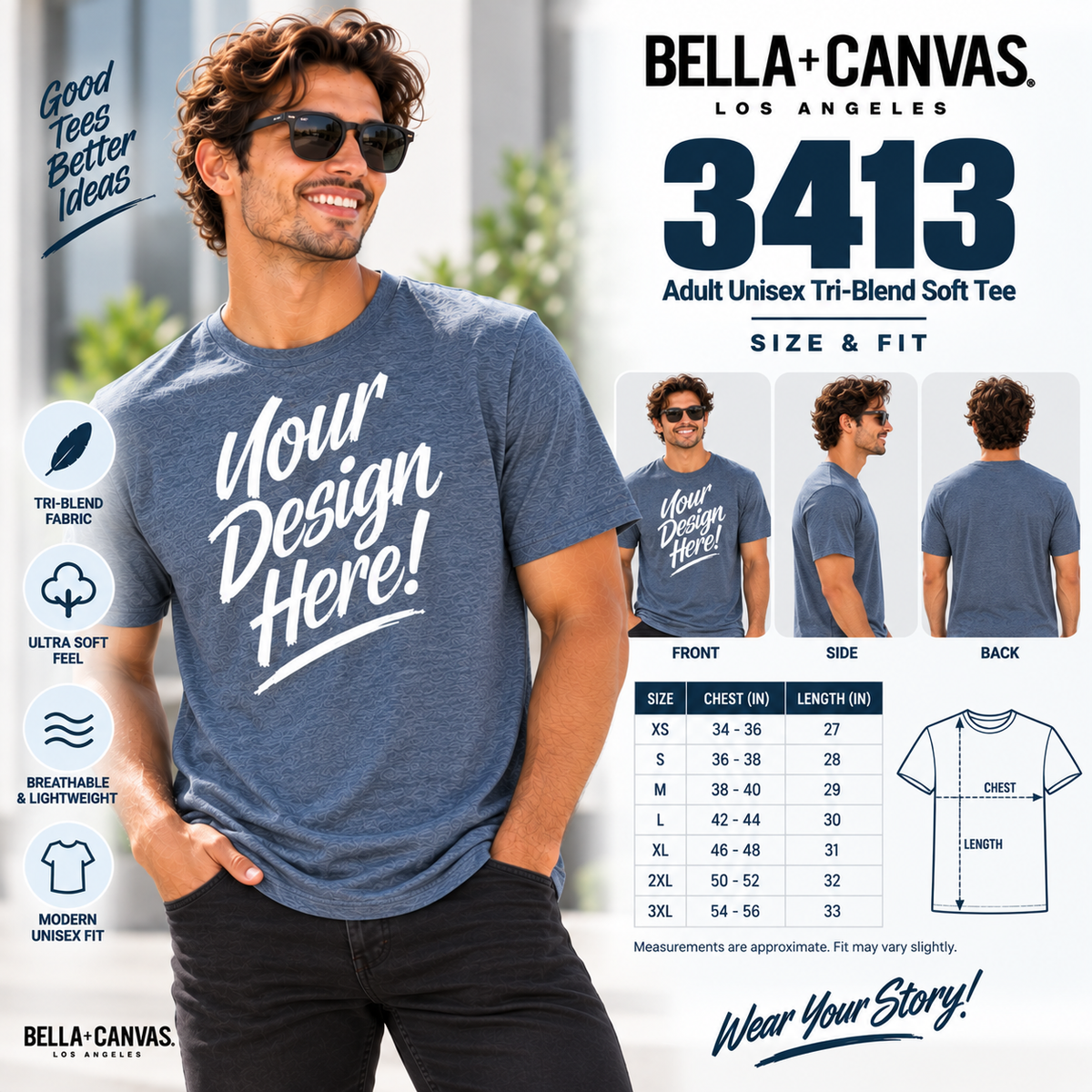 Custom Bella + Canvas Adult Unisex  Tri-Blend Soft  Tee (3413)