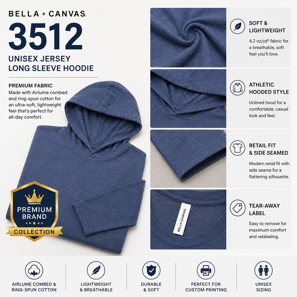 Bella + Canvas 3512 Unisex Jersey Long Sleeve Hoodie | Custom Printed Lightweight Hooded T-Shirt