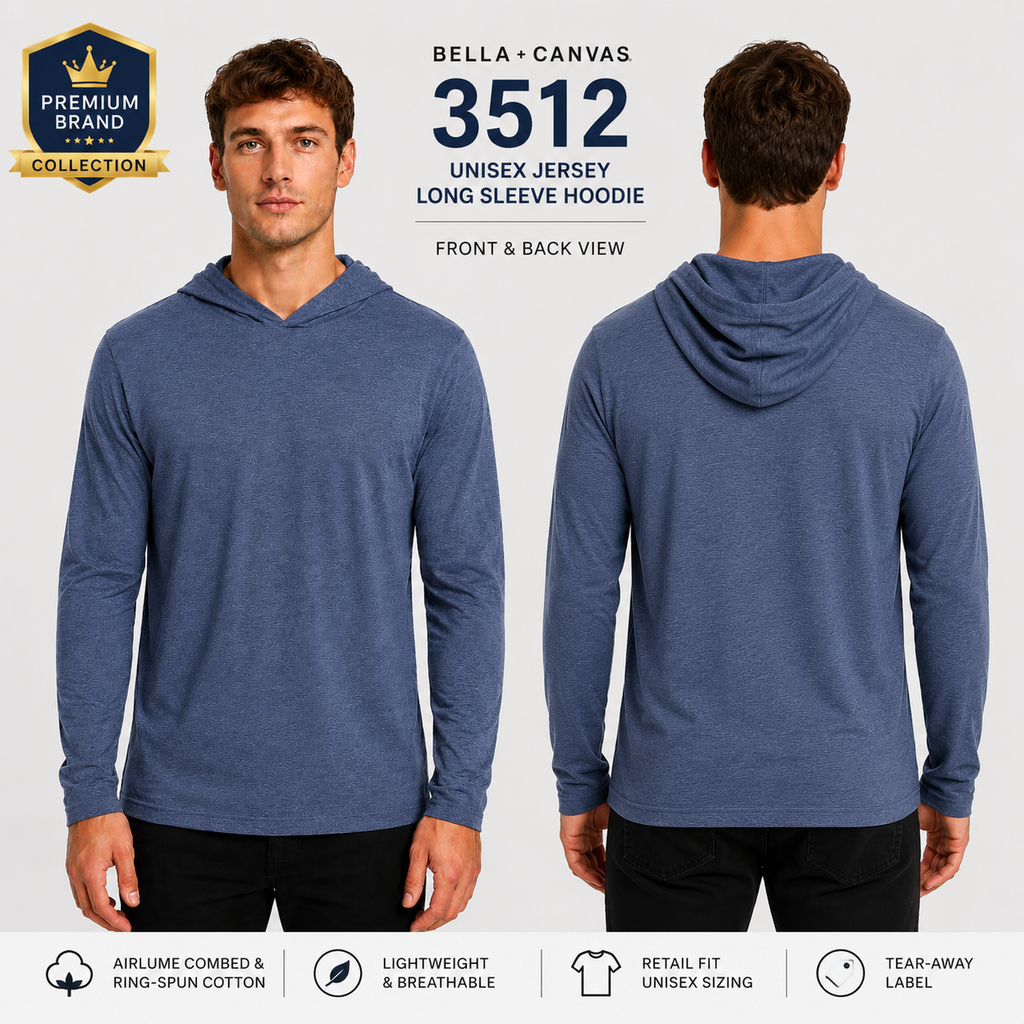Bella + Canvas 3512 Unisex Jersey Long Sleeve Hoodie | Custom Printed Lightweight Hooded T-Shirt