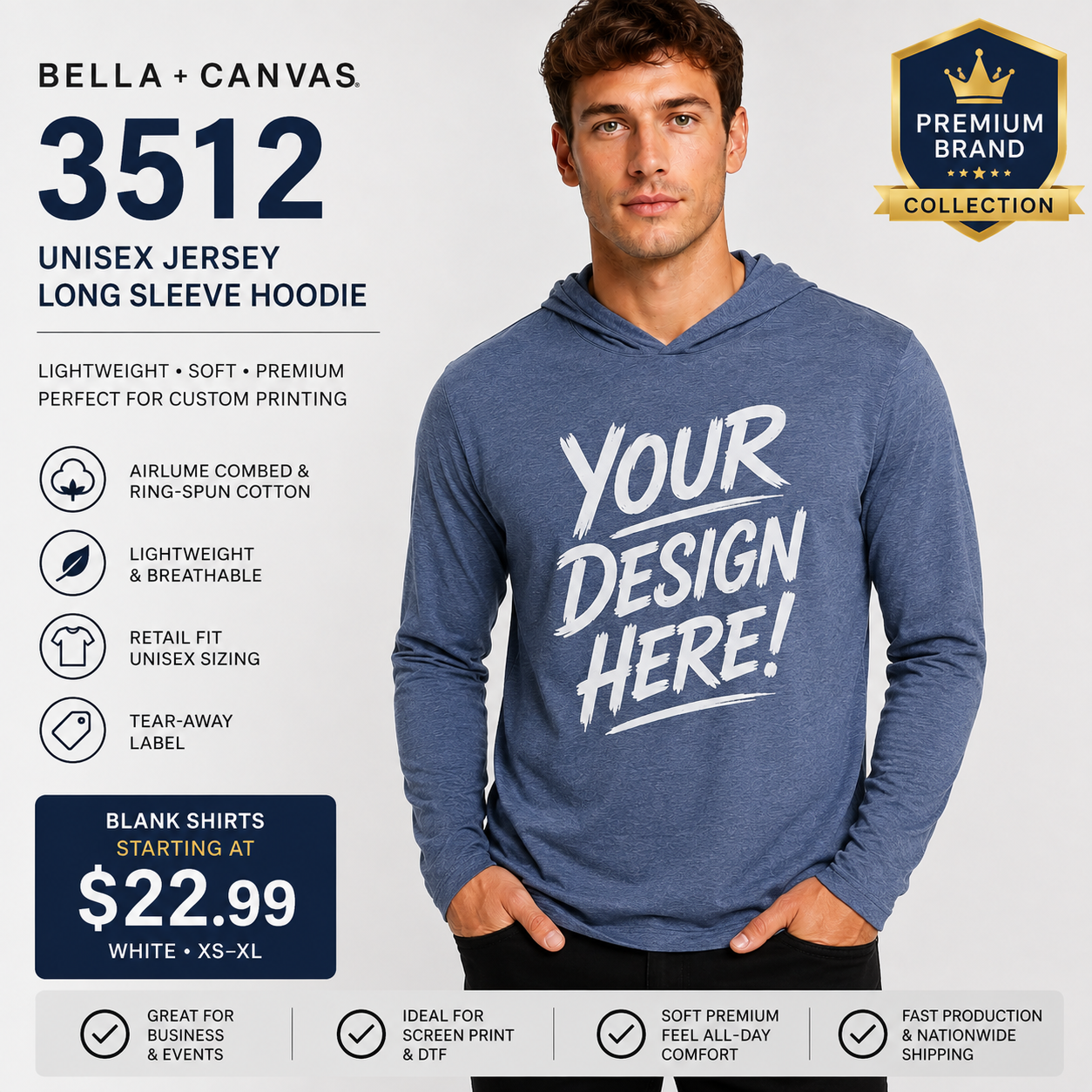 Bella + Canvas 3512 Unisex Jersey Long Sleeve Hoodie | Custom Printed Lightweight Hooded T-Shirt