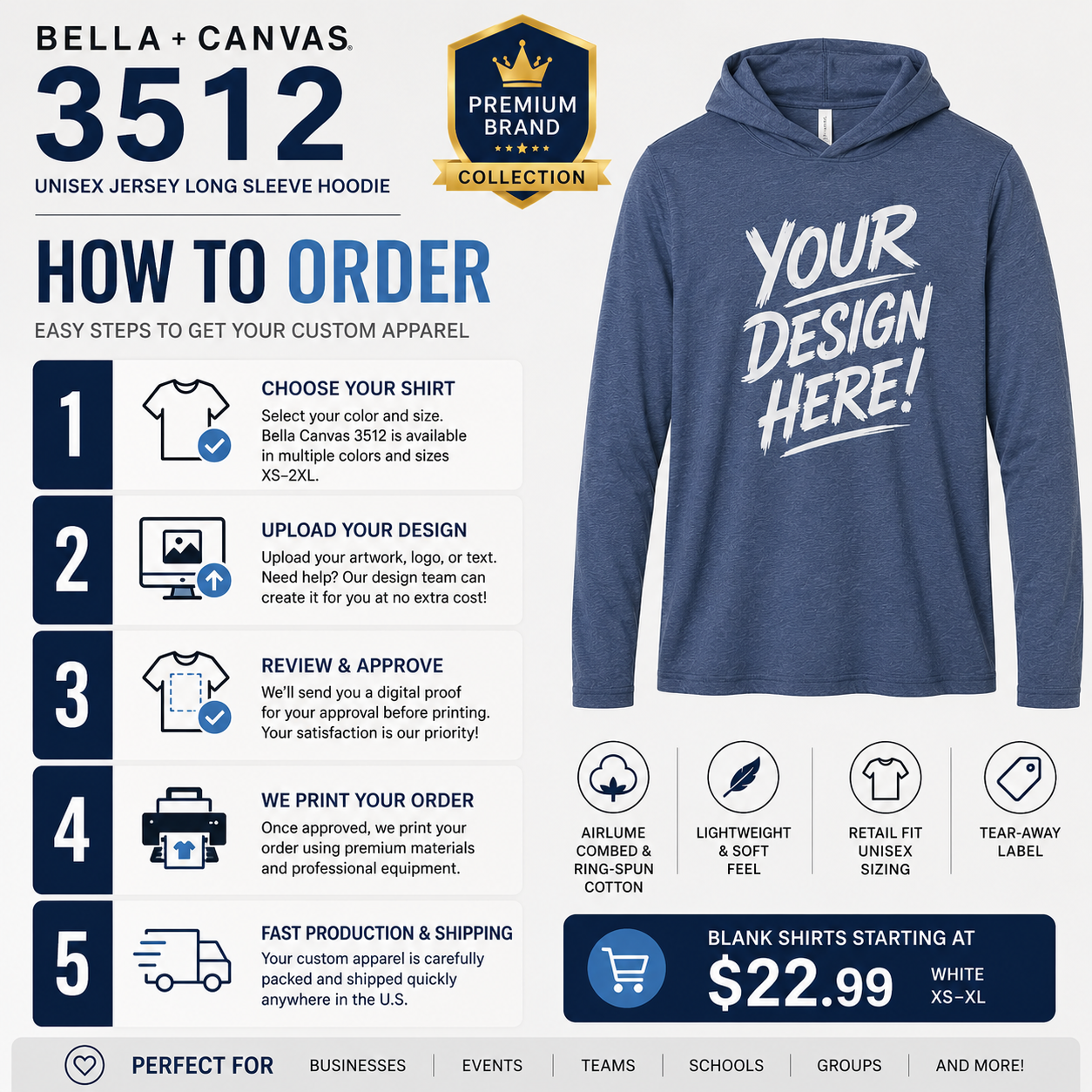 Bella + Canvas 3512 Unisex Jersey Long Sleeve Hoodie | Custom Printed Lightweight Hooded T-Shirt