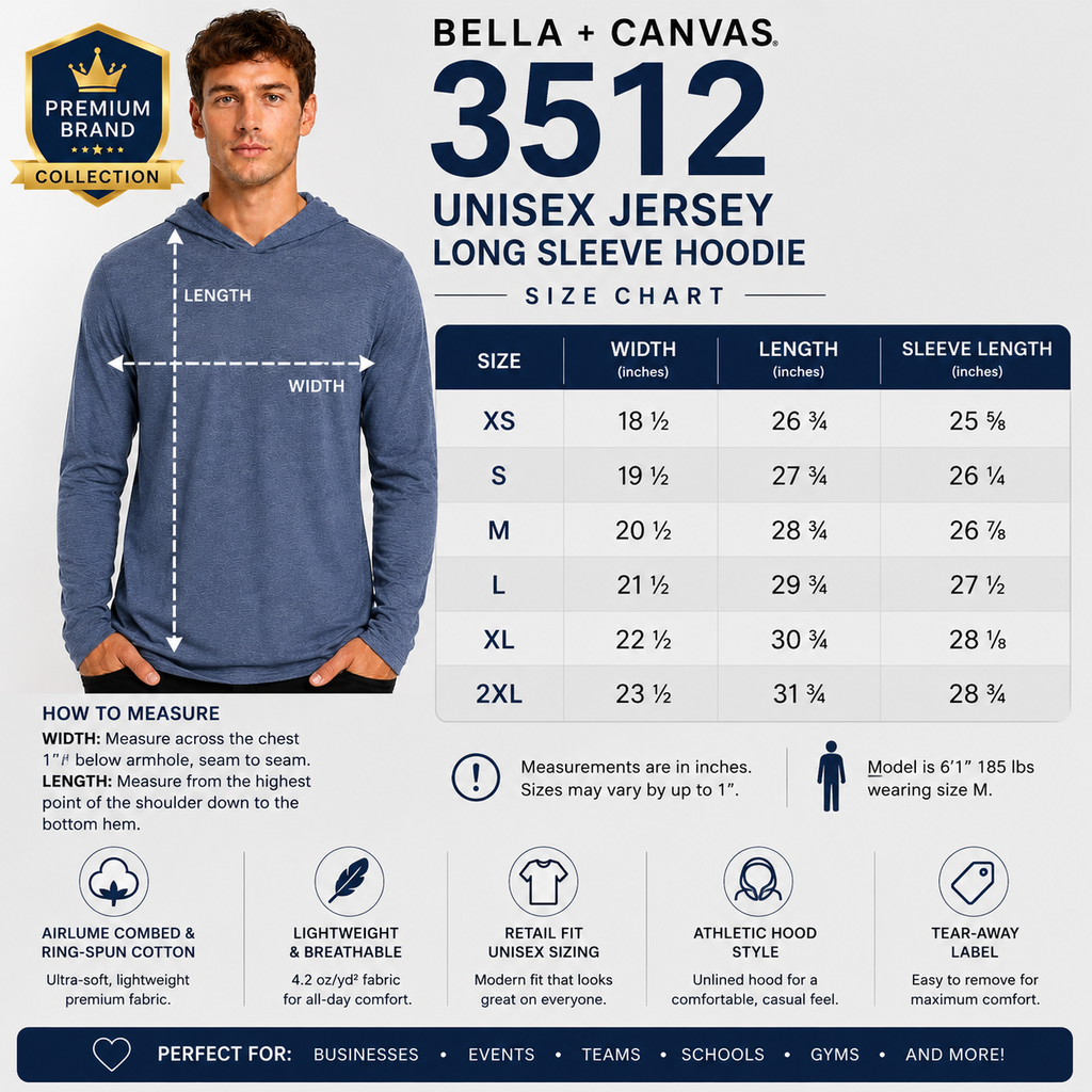 Bella + Canvas 3512 Unisex Jersey Long Sleeve Hoodie | Custom Printed Lightweight Hooded T-Shirt