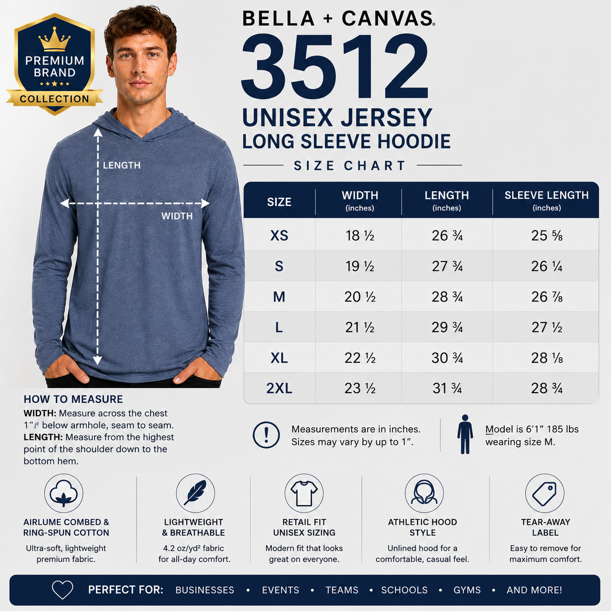 Bella + Canvas 3512 Unisex Jersey Long Sleeve Hoodie | Custom Printed Lightweight Hooded T-Shirt