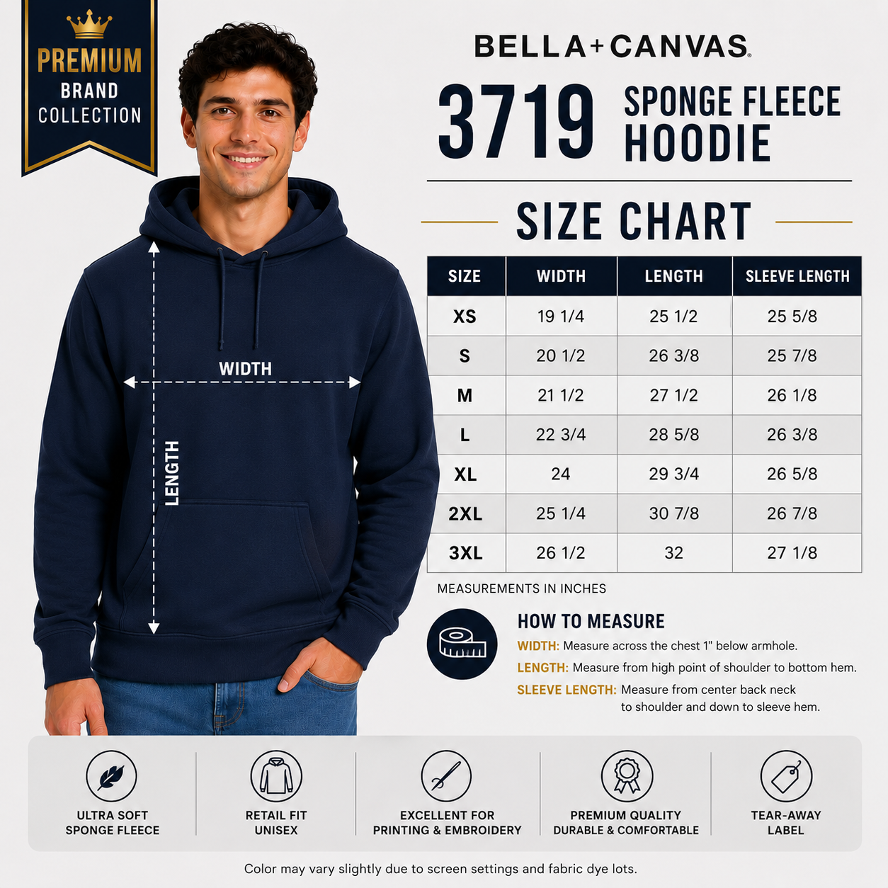 Bella + Canvas Adult Unisex Sponge Fleece Hoodie (3719)