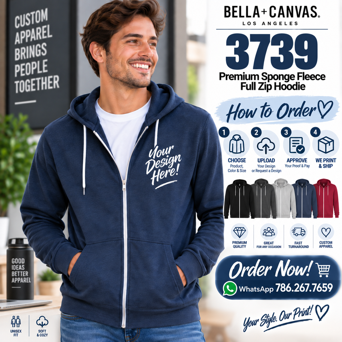 Bella + Canvas Adult Unisex  Premium Sponge Fleece Full Zip Hoodie (3739)