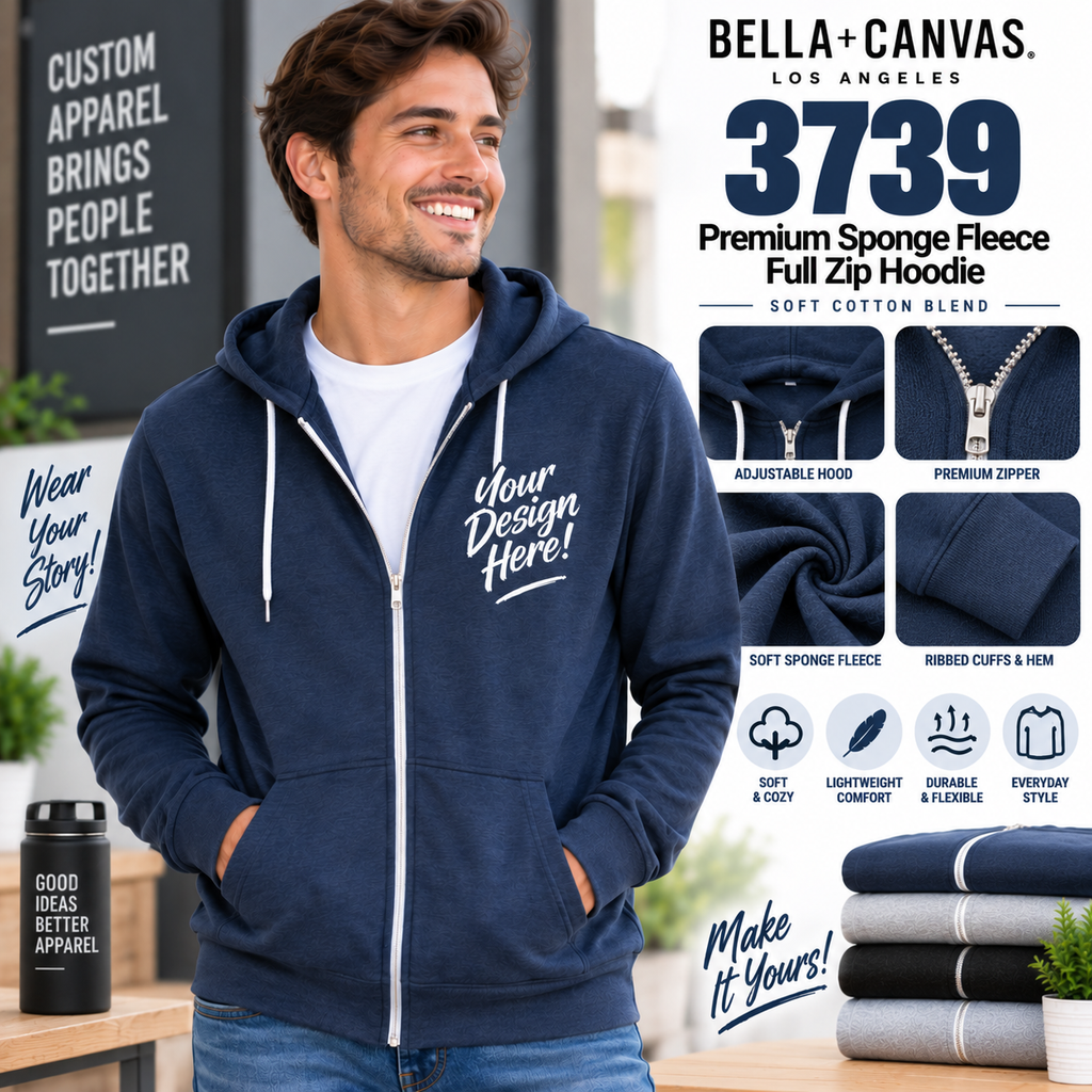 Bella + Canvas Adult Unisex  Premium Sponge Fleece Full Zip Hoodie (3739)
