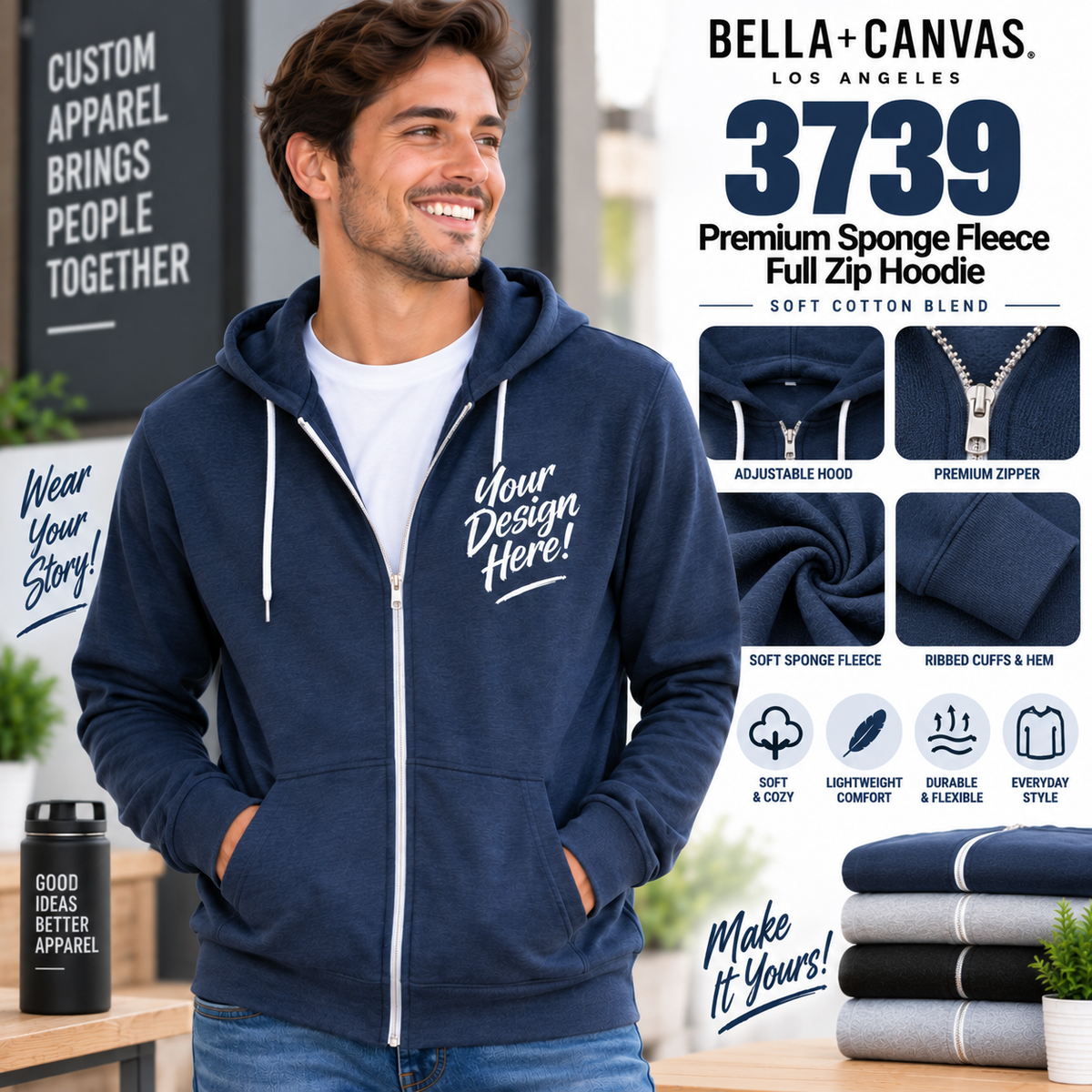 Bella + Canvas Adult Unisex  Premium Sponge Fleece Full Zip Hoodie (3739)