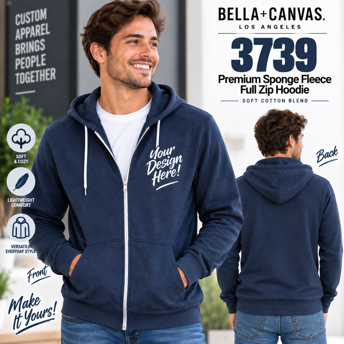 Bella + Canvas Adult Unisex  Premium Sponge Fleece Full Zip Hoodie (3739)
