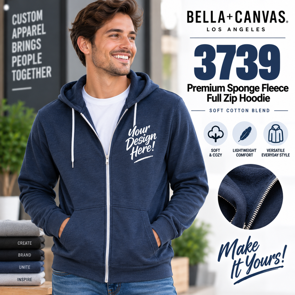 Bella + Canvas Adult Unisex  Premium Sponge Fleece Full Zip Hoodie (3739)