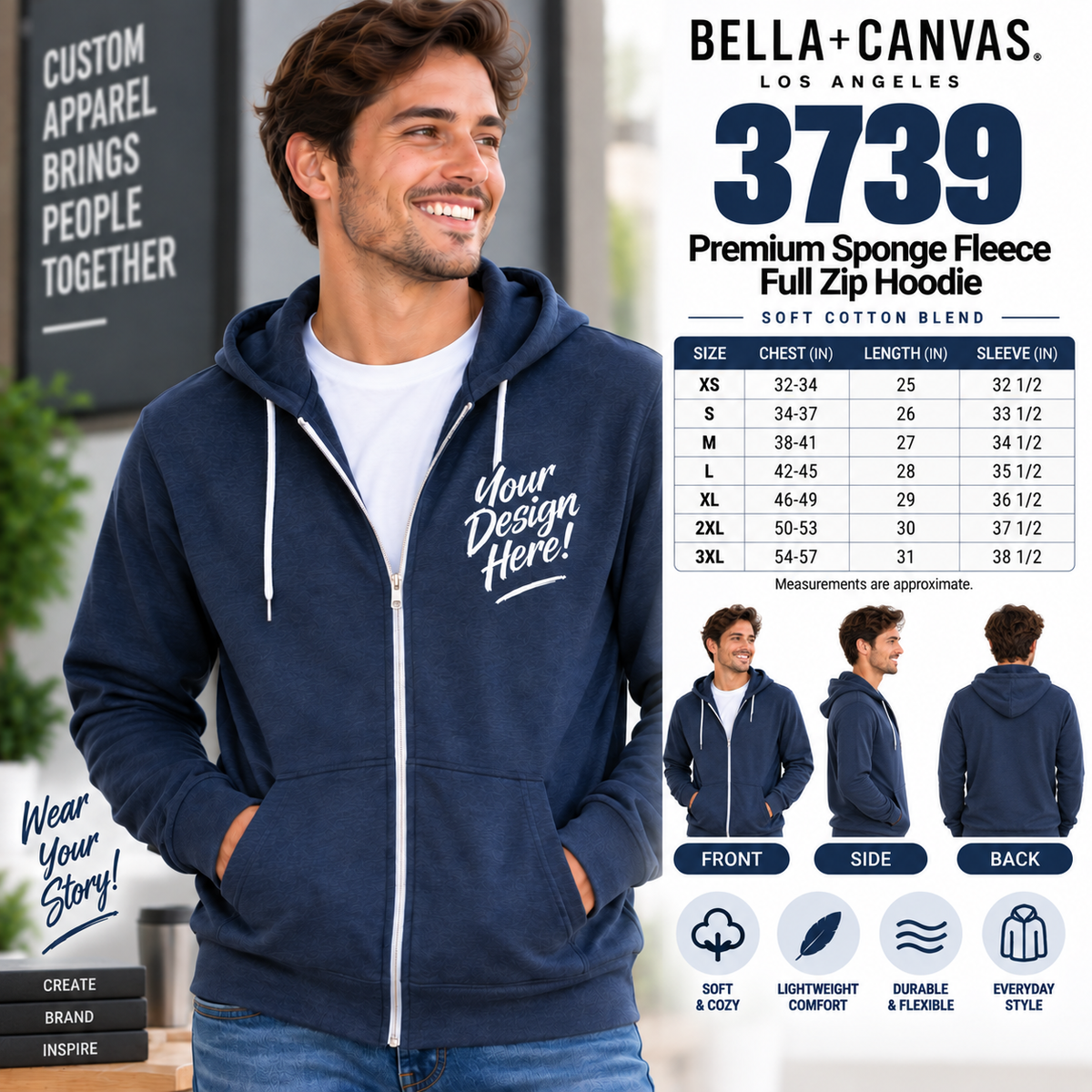 Bella + Canvas Adult Unisex  Premium Sponge Fleece Full Zip Hoodie (3739)