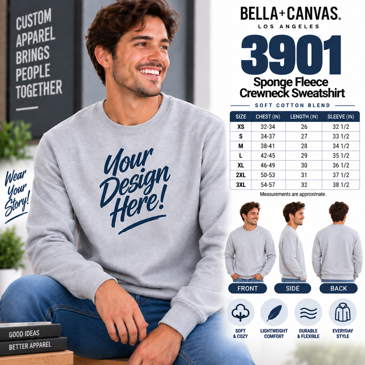 Bella + Canvas Adult Unisex Sponge Fleece Crewneck Sweatshirt (3901)