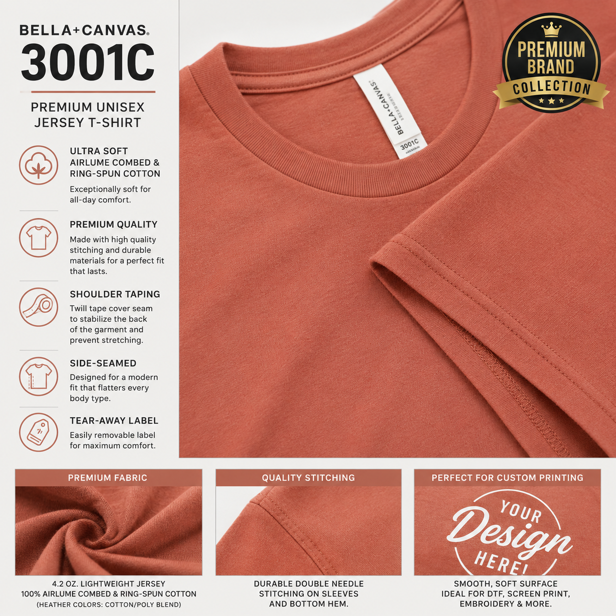 Bella + Canvas Adult Unisex Jersey T-Shirt | 100% Airlume Cotton (3001C)
