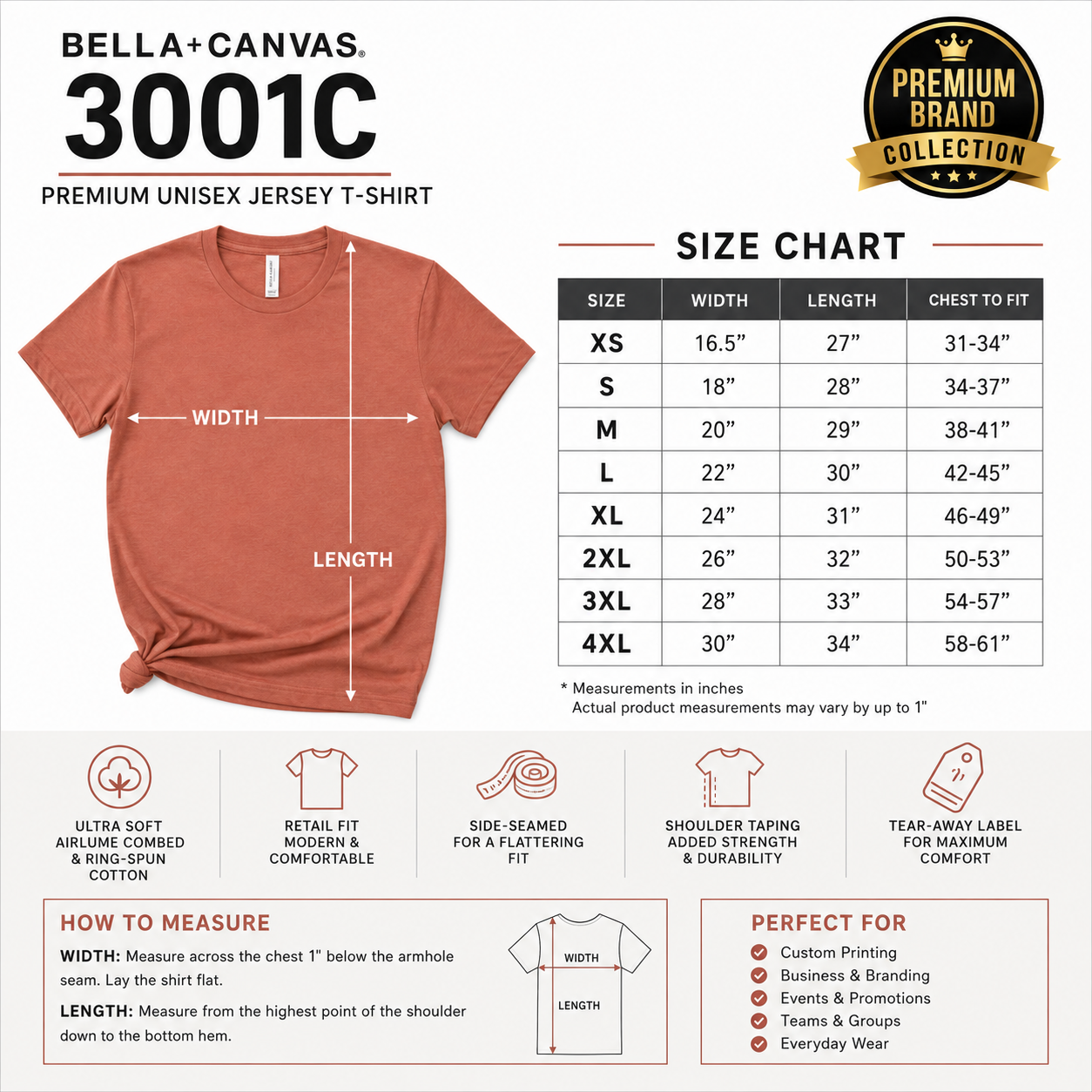 Bella + Canvas Adult Unisex Jersey T-Shirt | 100% Airlume Cotton (3001C)