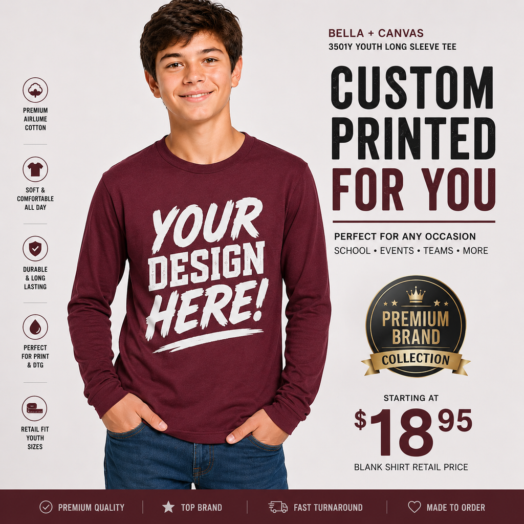 Bella + Canvas Youth Long Sleeve Jersey Tee –  Airlume Cotton (3501Y)