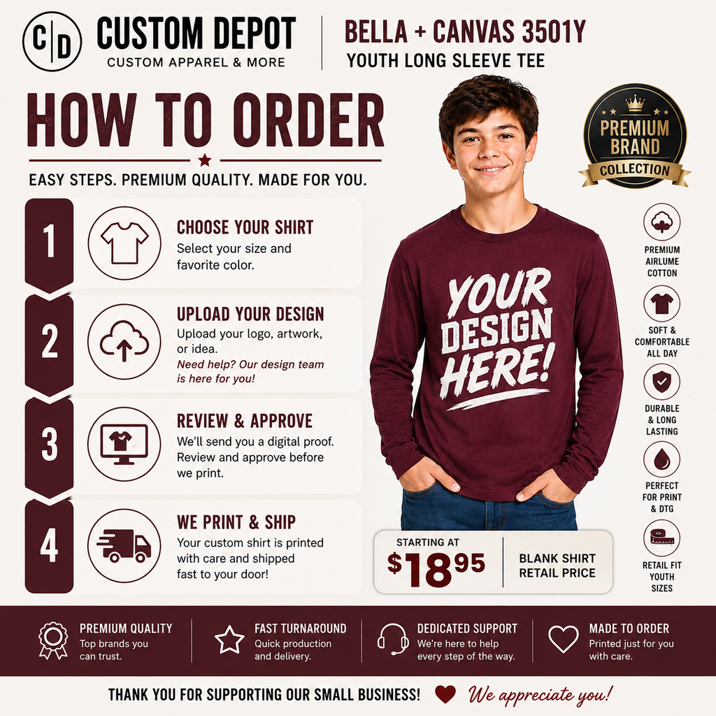 Bella + Canvas Youth Long Sleeve Jersey Tee –  Airlume Cotton (3501Y)
