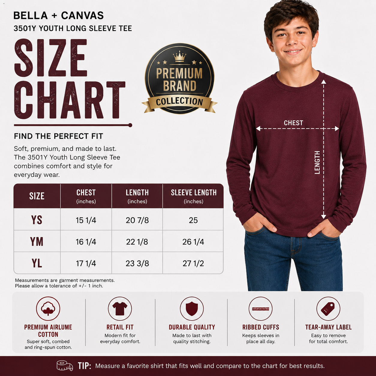 Bella + Canvas Youth Long Sleeve Jersey Tee –  Airlume Cotton (3501Y)