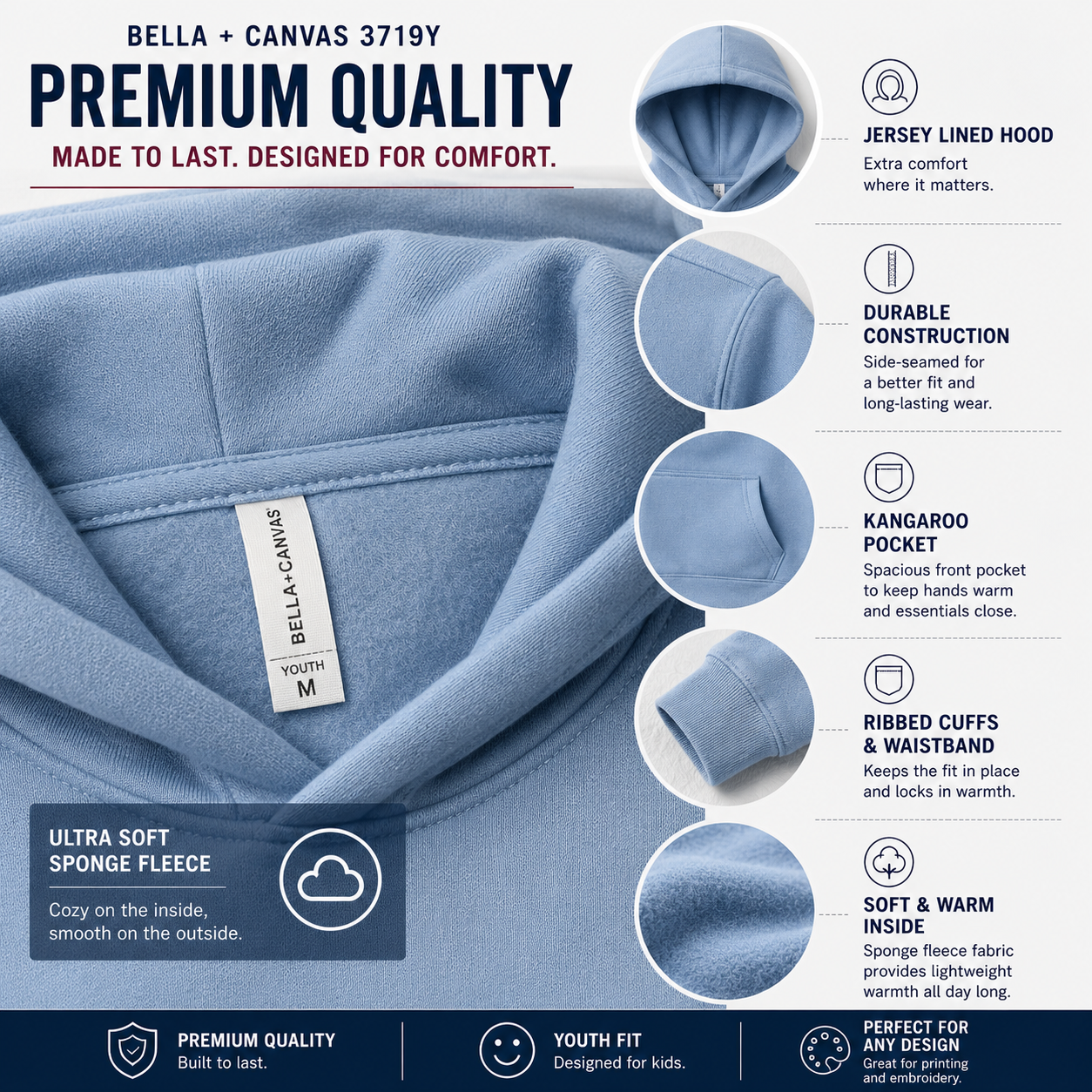 Bella + Canvas Youth Sponge Fleece Hoodie | Premium Youth Pullover Hoodie (3719Y)