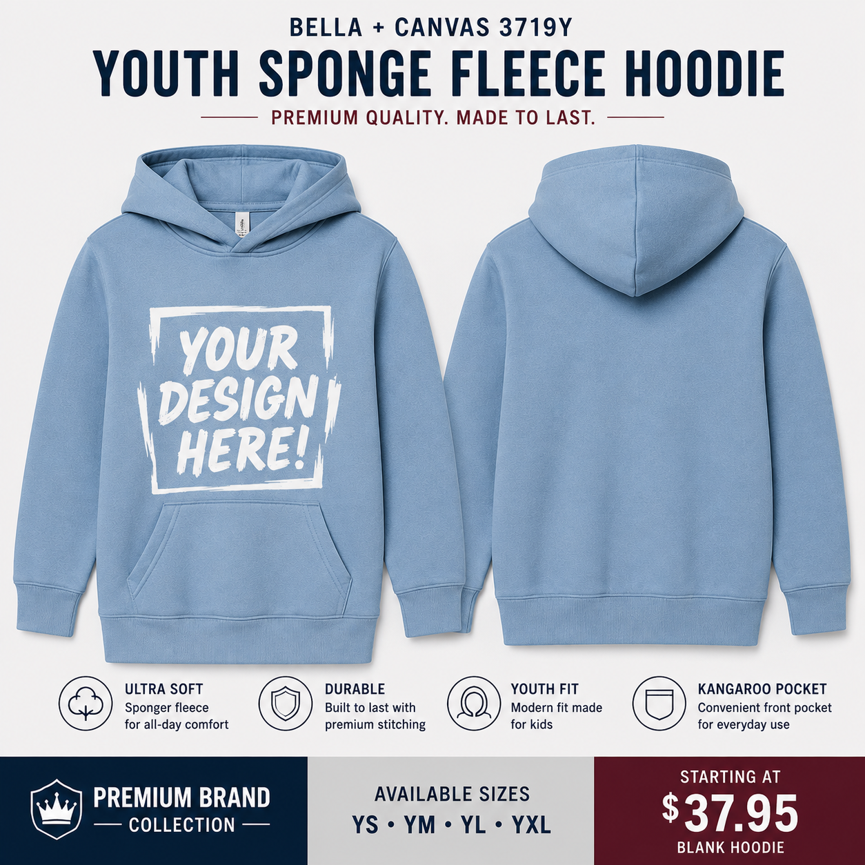 Bella + Canvas Youth Sponge Fleece Hoodie | Premium Youth Pullover Hoodie (3719Y)