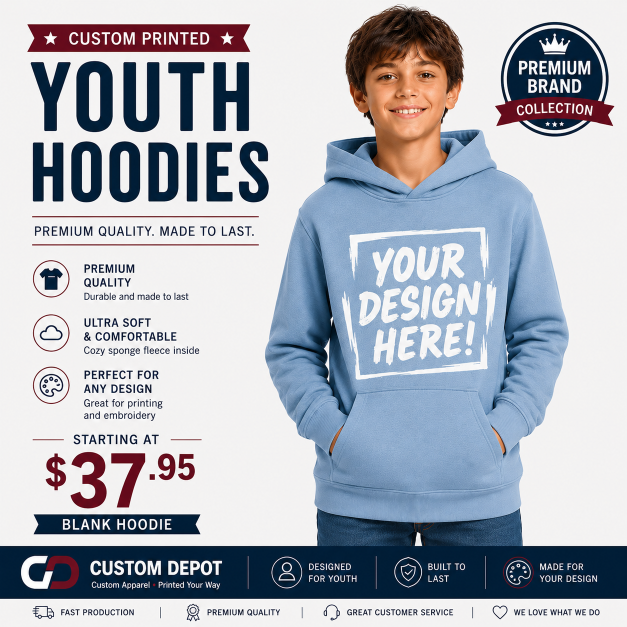 Bella + Canvas Youth Sponge Fleece Hoodie | Premium Youth Pullover Hoodie (3719Y)