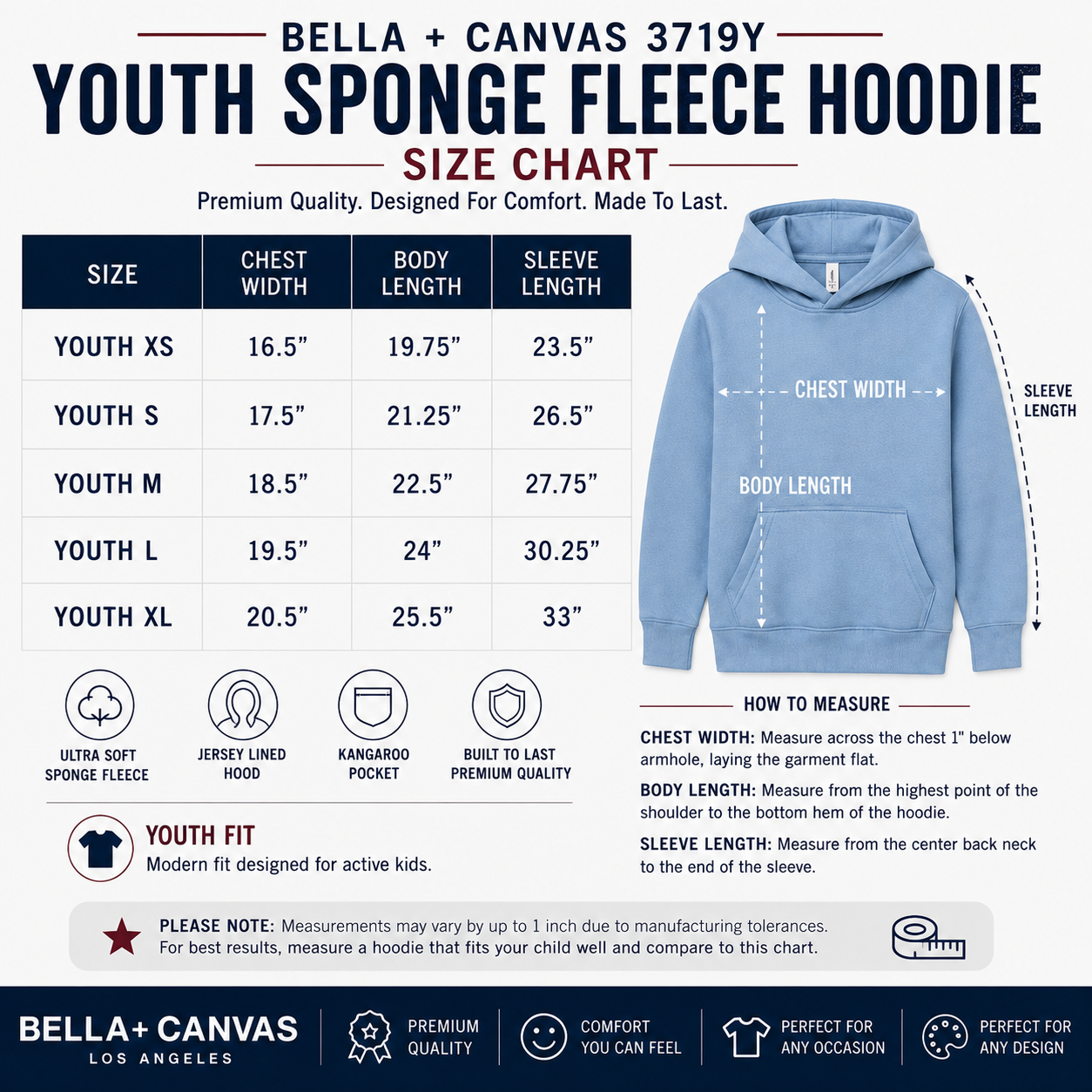Bella + Canvas Youth Sponge Fleece Hoodie | Premium Youth Pullover Hoodie (3719Y)