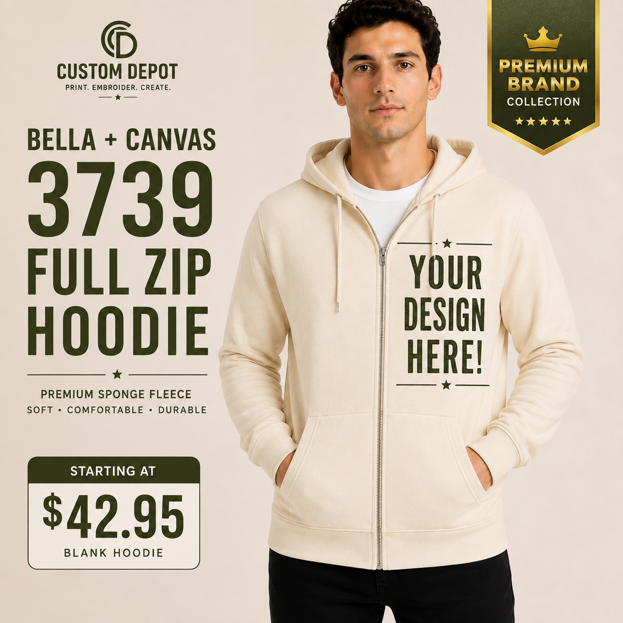 Bella + Canvas Adult Unisex  Premium Sponge Fleece Full Zip Hoodie (3739)
