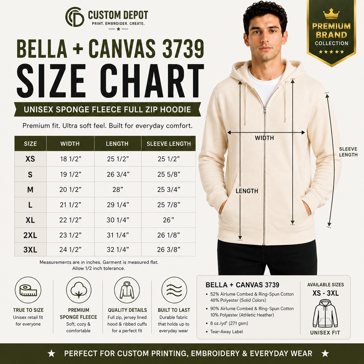 Bella + Canvas Adult Unisex  Premium Sponge Fleece Full Zip Hoodie (3739)