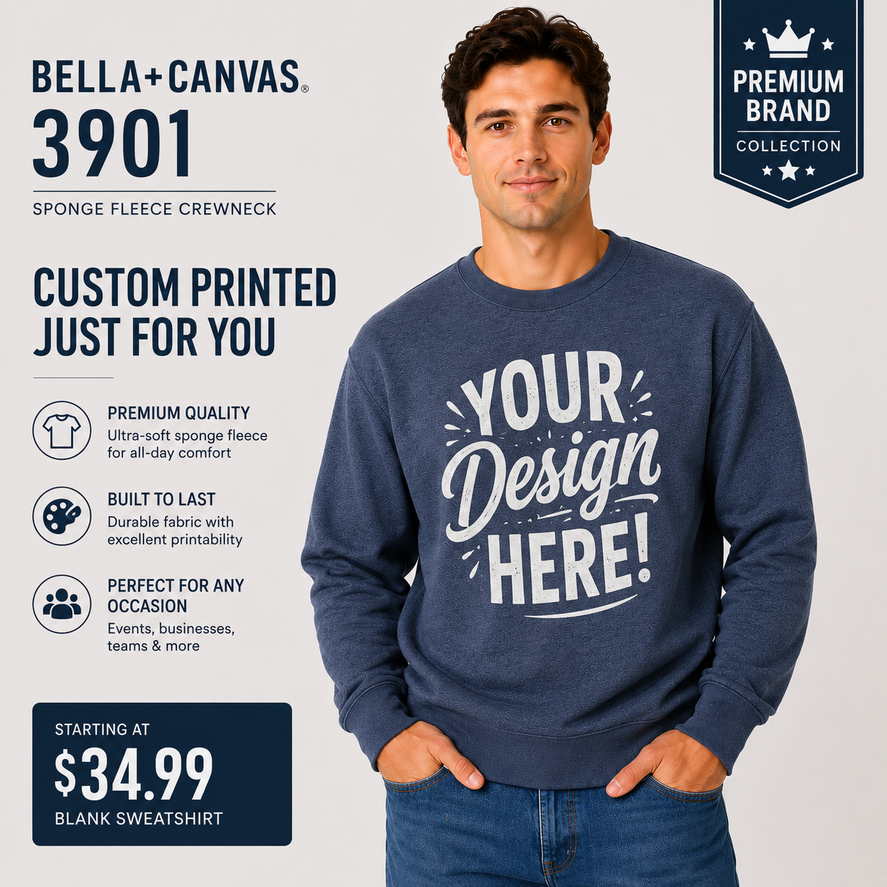 Bella + Canvas Adult Unisex Sponge Fleece Crewneck Sweatshirt (3901)